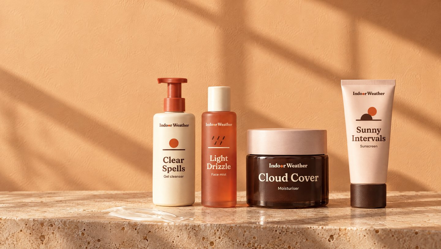 The four Indoor Weather products on a stone ledge in window light