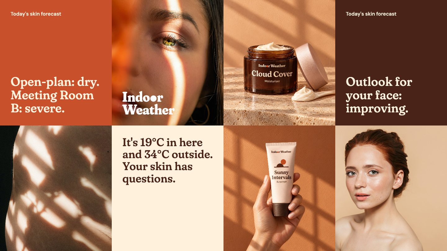 Grid of Indoor Weather social posts with skin forecasts and product photos