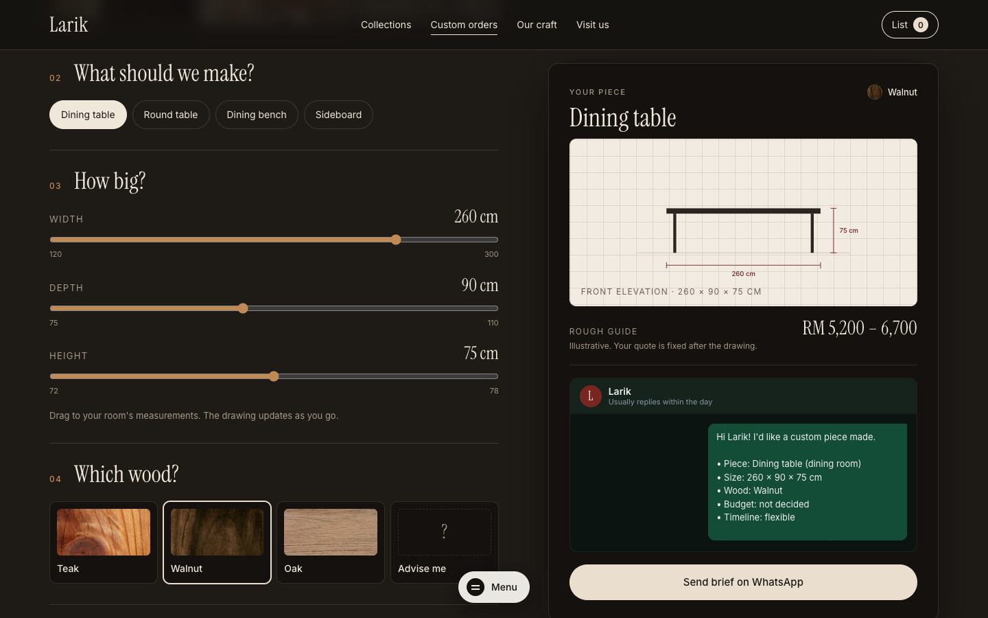 Larik custom order builder with size sliders and a live technical drawing