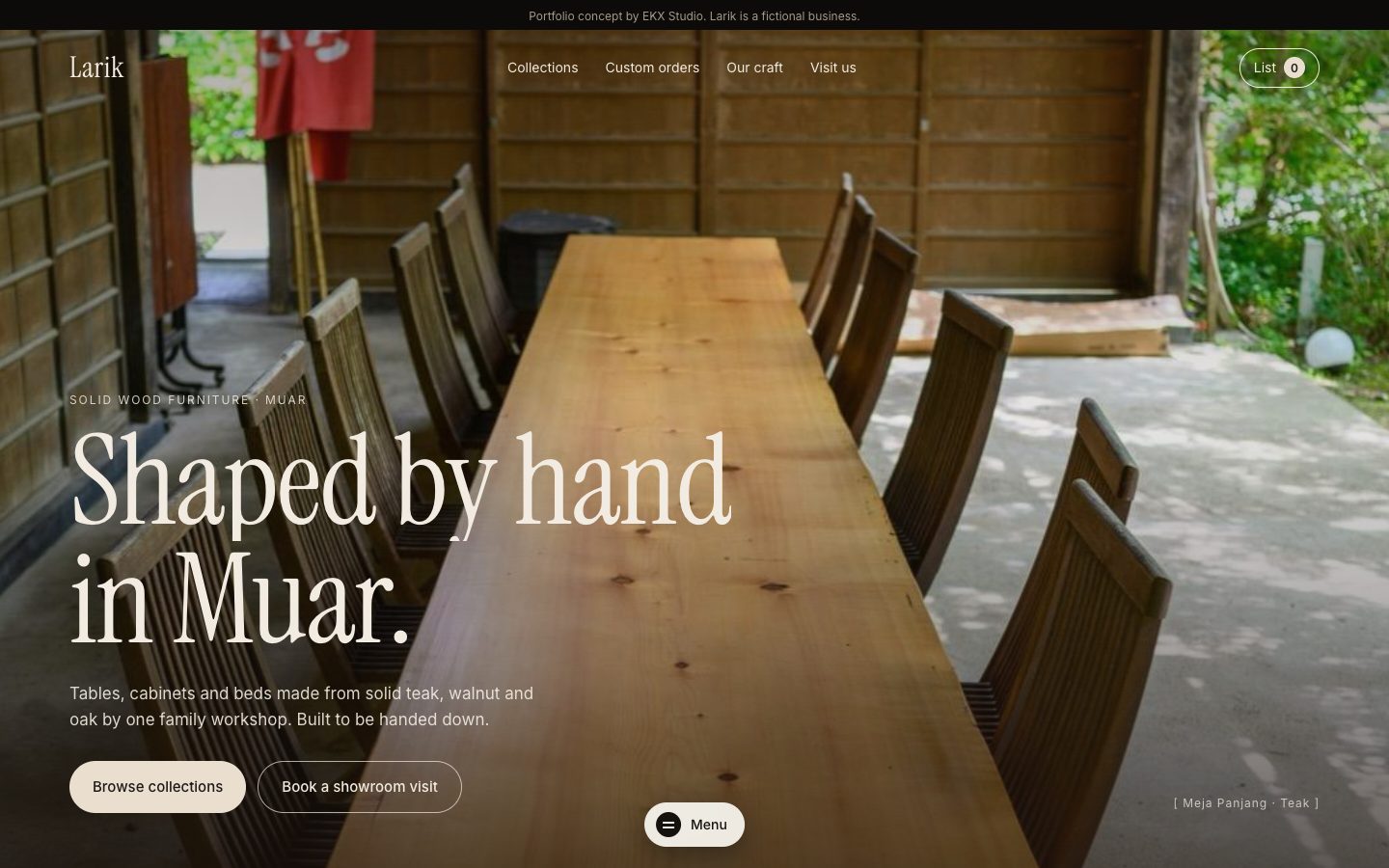 Larik homepage with a full-screen photo of a long solid wood table