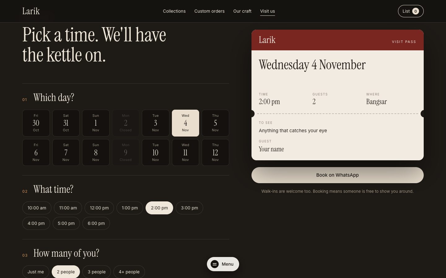 Larik showroom booking with a visit pass