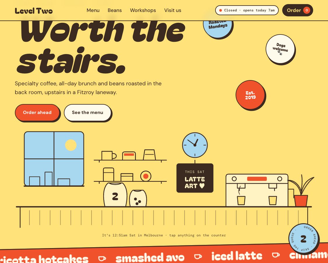 Level Two homepage with a hand-drawn café counter
