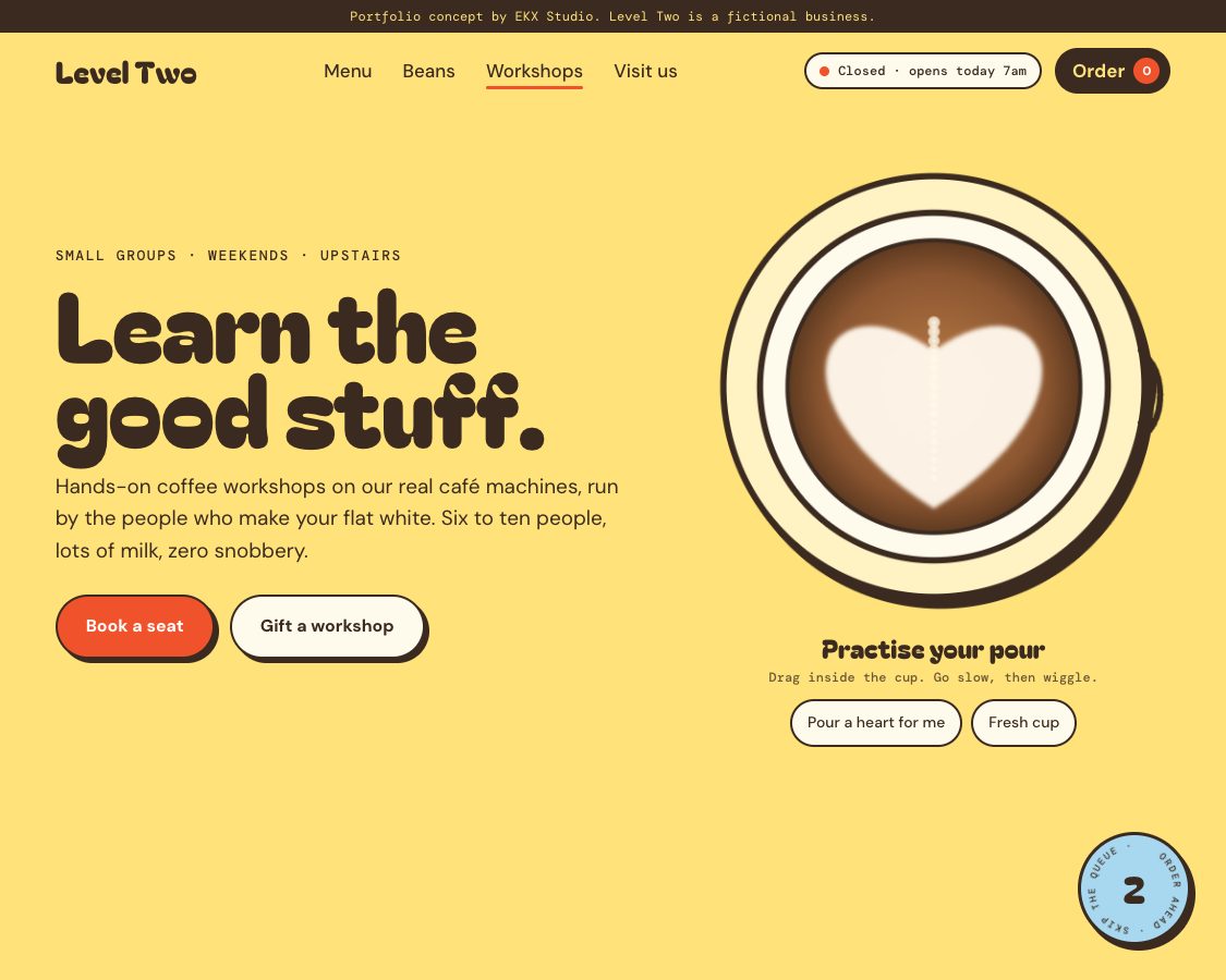Level Two workshops page with a latte art heart in a cup