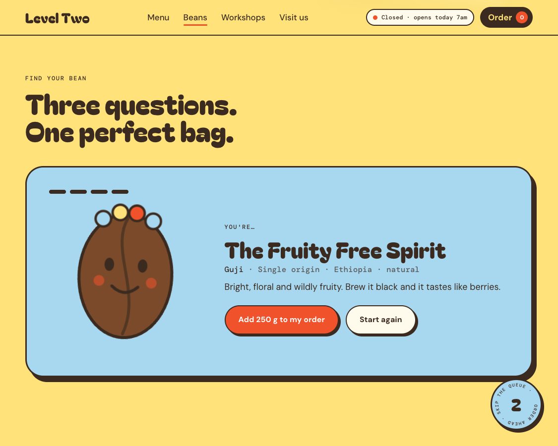 Level Two bean quiz result with a bean character